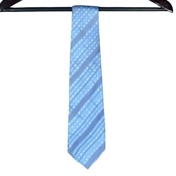 Louis Vuitton Tie Men's Blue/White Striped 58" Classic VTG Logo Wedding Workwear - Picture 1 of 3